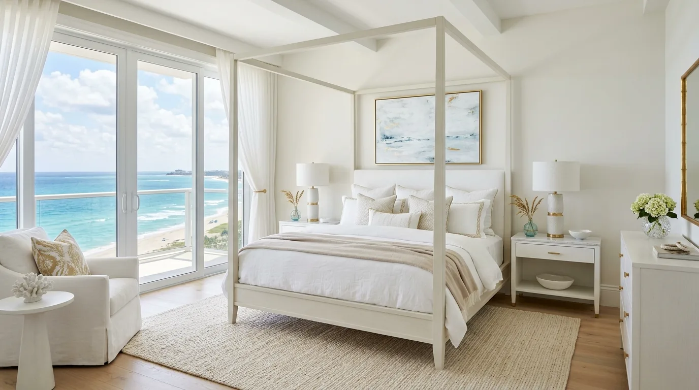 Bring greenery in only where it supports the mood inspiration for a coastal bedroom.